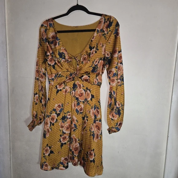 Free People Yellow and Blue Wrap Sundress with Bishop Sleeves - Picture 3 of 7